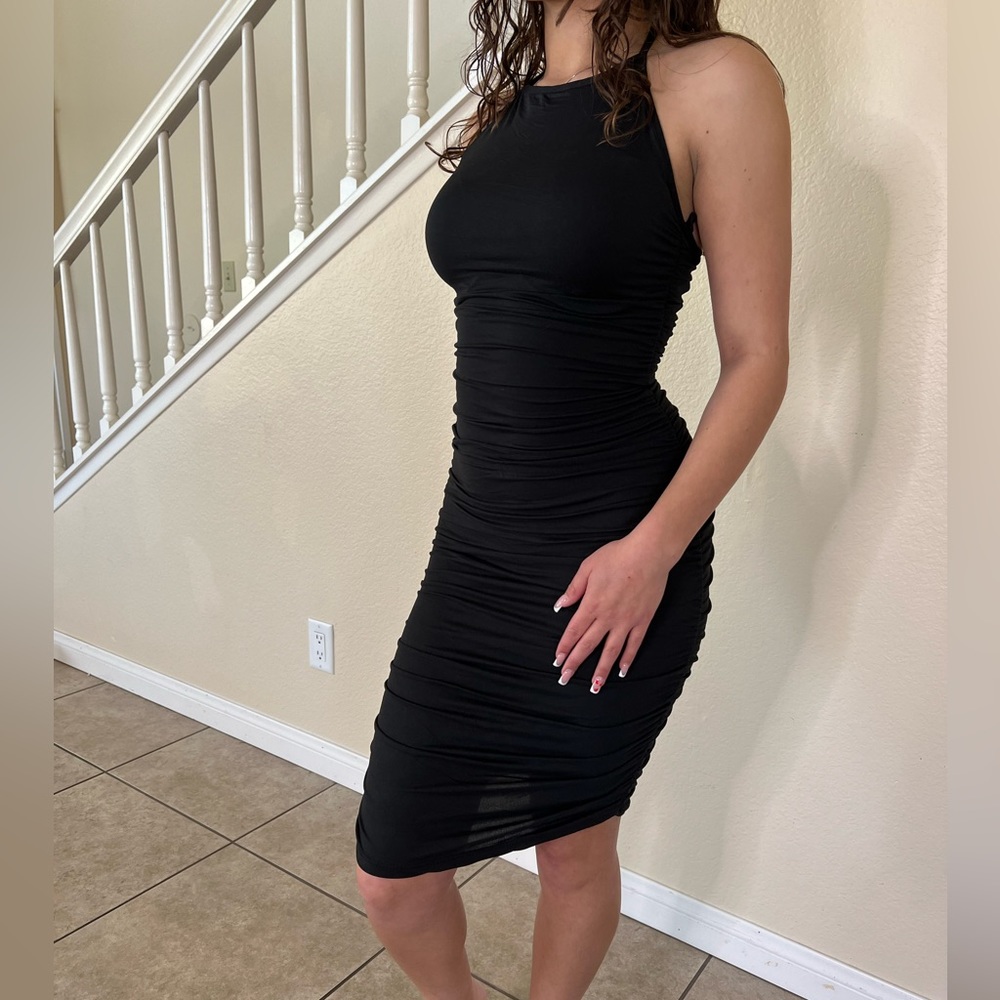 Black Ruched Halter Dress - Picture 1 of 11